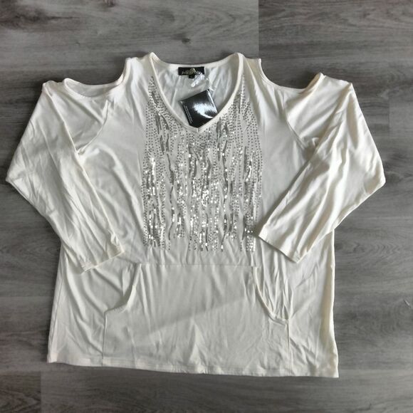 NWT Joan Boyce 2 Piece Outfit Cream Cold Shoulder Top Pants 2 XL - Picture 3 of 14